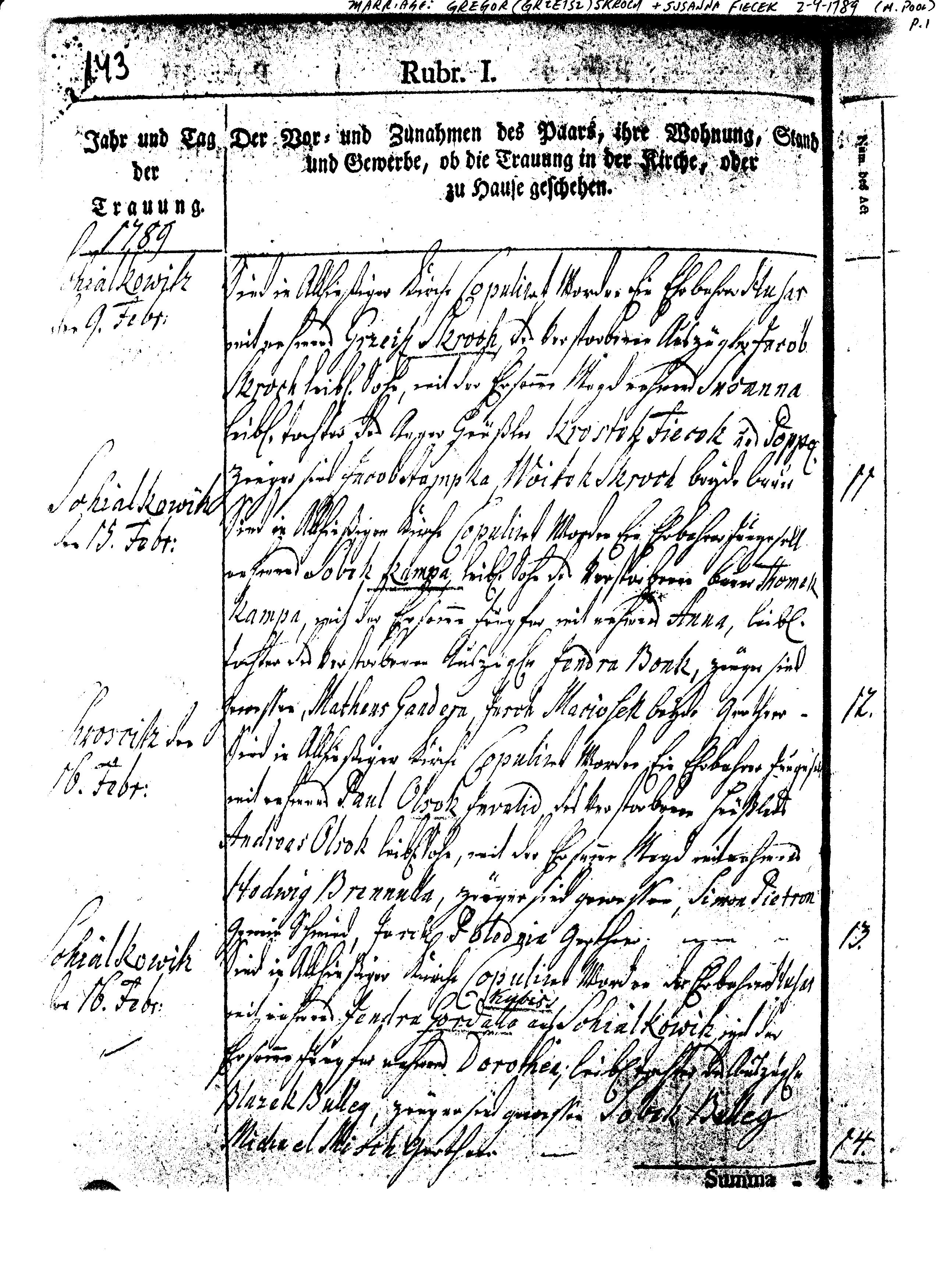 Gregor Skroch and Susanna Fiecek 1789
Marriage p1