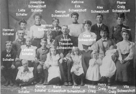 Schwarzoff Family - Herman Schaller,
                            Art Schaller, Letta Schaller, LaVerne
                            Schaller, Lev Schaller, Josephine
                            Schwartzhoff Schaller, Herman Schwarzhoff,
                            George Schaller, George Schwarzhoff, Joseph
                            Theodore Schwarzhoff, Maria Schwartzoff,
                            Katherine Eck Schwarzhoff, Anna Schwarzhoff,
                            Clara Schwarzhoff, Ethel Craig, Alex
                            Schwarzhoff, Henry Craig, Roger Craig, Phene
                            Craig Schwarzhoff, Vila Schwarzhoff